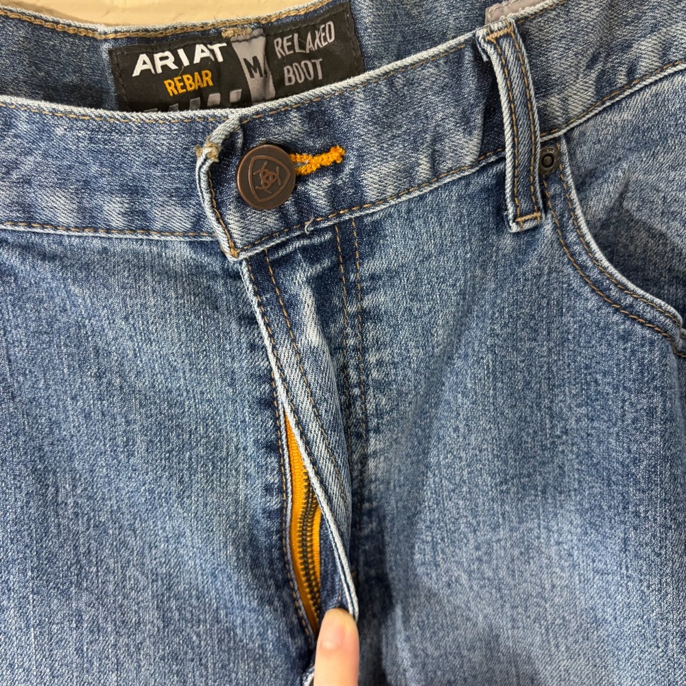 Ariat Rebar M4 Relaxed Bootcut Men's Blue Denim Jeans Cotton Logo 5-Pocket 38x34 - Picture 5 of 15